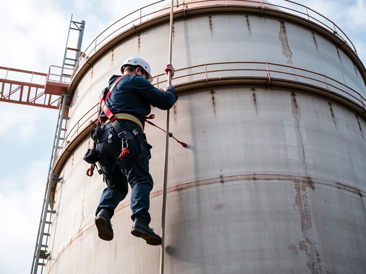 Technicien cordiste intervenant sur un silo industriel